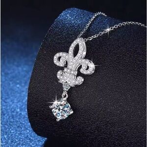 Sterling Silver Plated Fleur De Lis Pendant With Diamond Accents Necklace